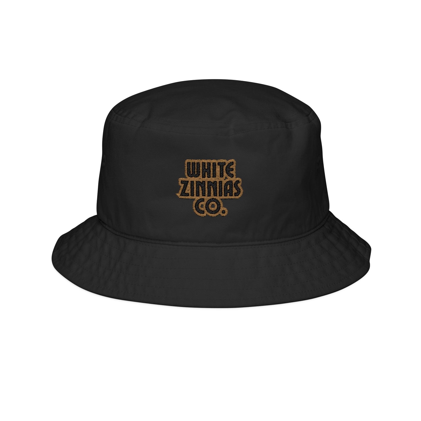 Black bucket hat with 'White Zinnias Co.' logo on a white background
