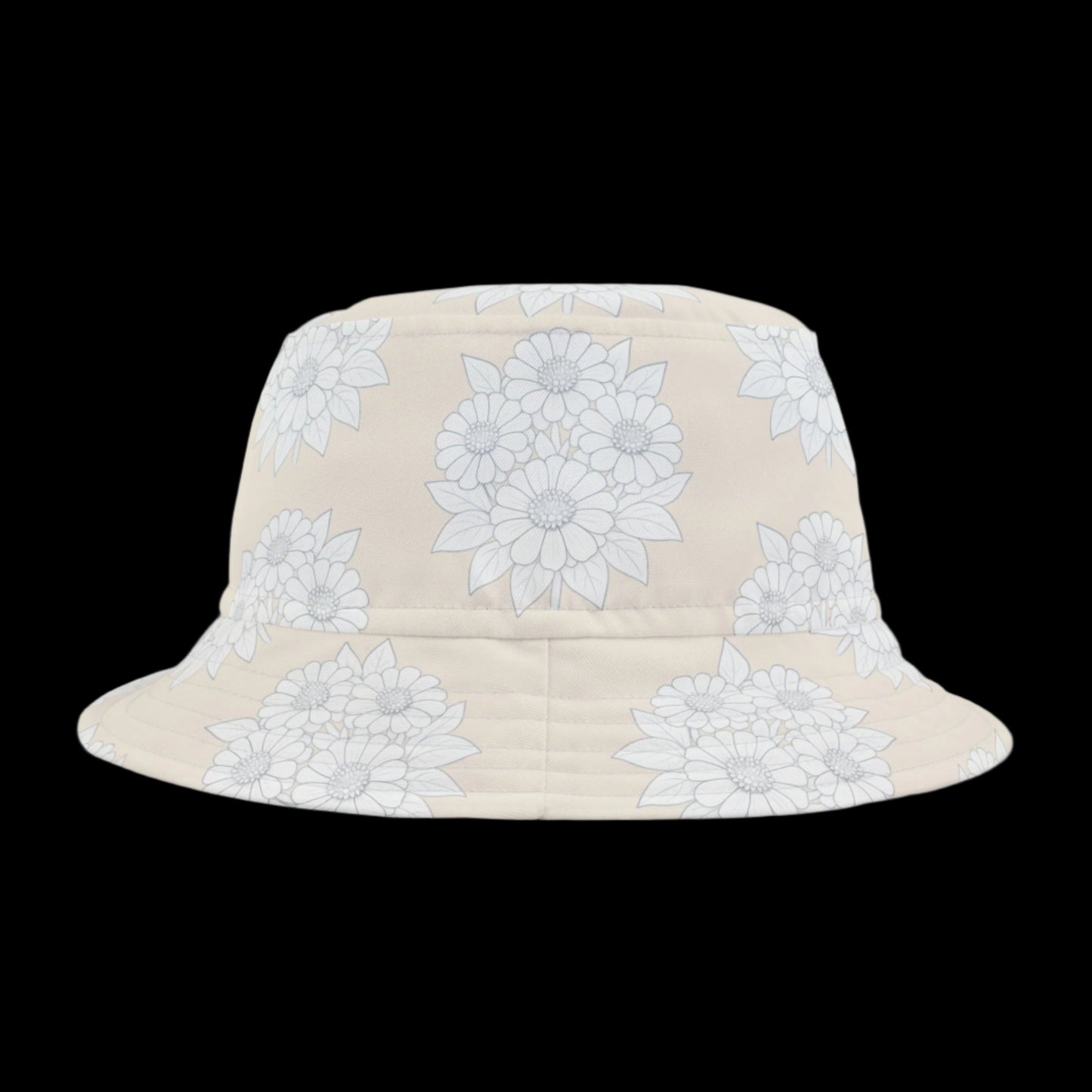 Beige bucket hat with white floral pattern on a white background