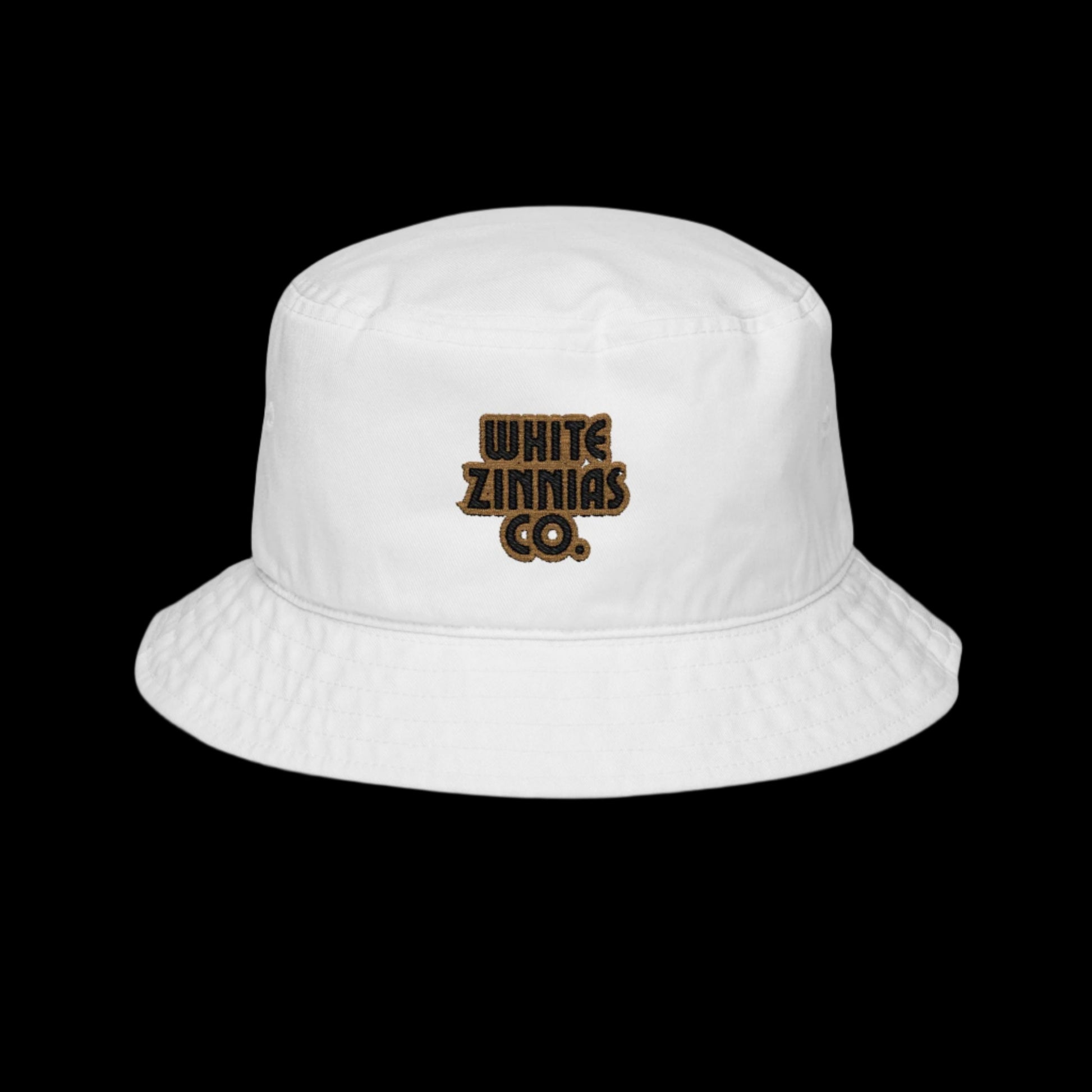 White bucket hat with 'White Zinnias Co.' logo on a white background