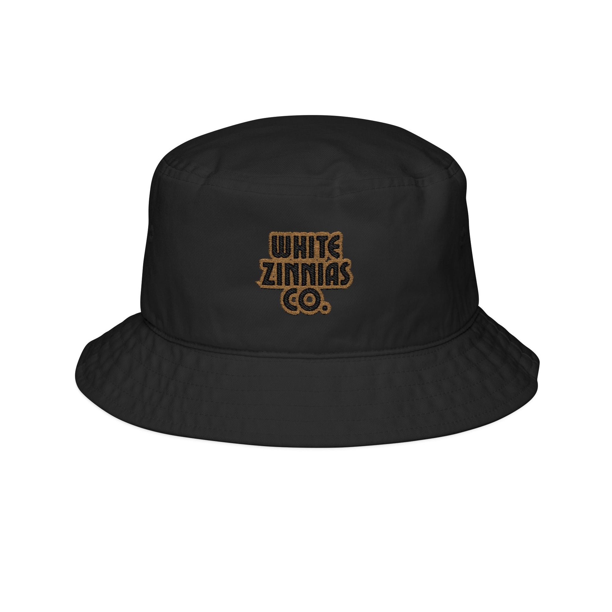 Black bucket hat with 'White Zinnias Co.' logo on a white background