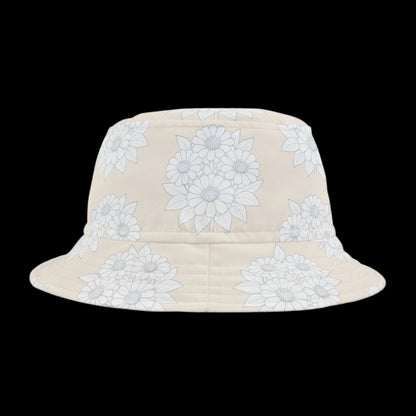 Beige bucket hat with white floral pattern on a white background