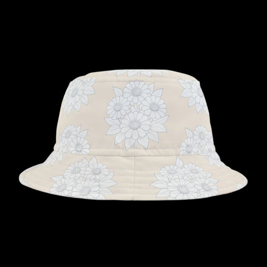 Beige bucket hat with white floral pattern on a white background