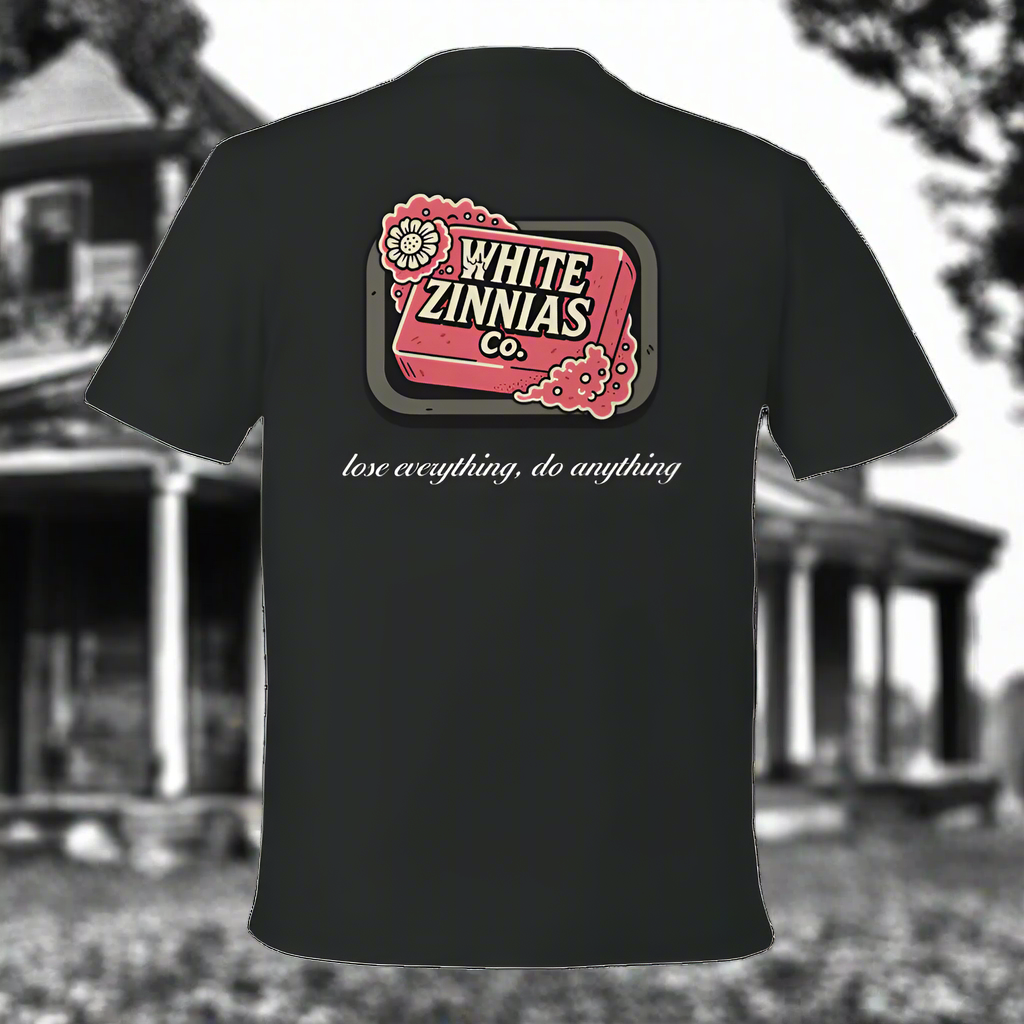 Back Graphic T-Shirt, Retro Candy Label Streetwear Tee, “Lose Everything, Do Anything”, Unisex Heavyweight, Black/White, S-3XL